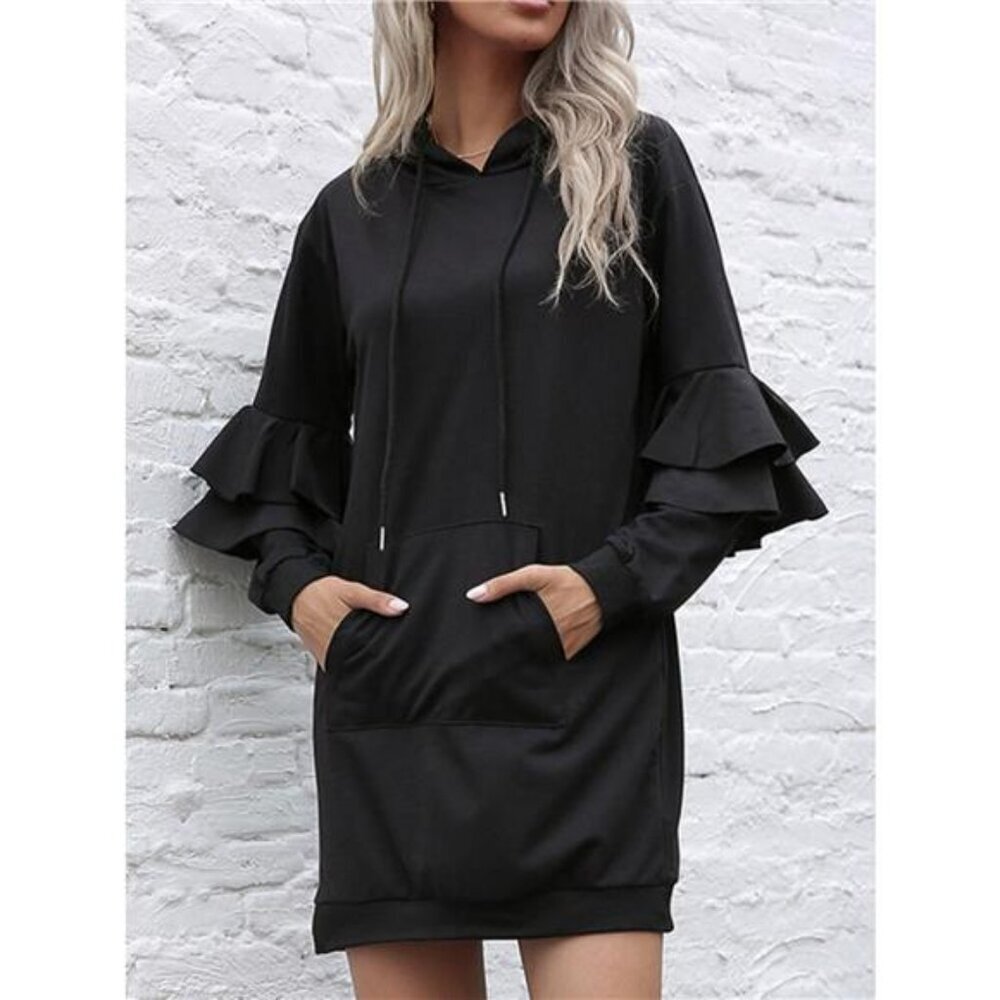 Ruffled Drawstring Long Sleeve Hooded Dress